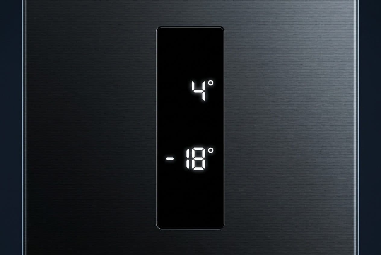 A straight-on close-up of a black brushed-metal fridge door with a tall narrow black display window in the centre showing glowing white 7-segment readings 4° and -18°, with dark navy edges at left and right.