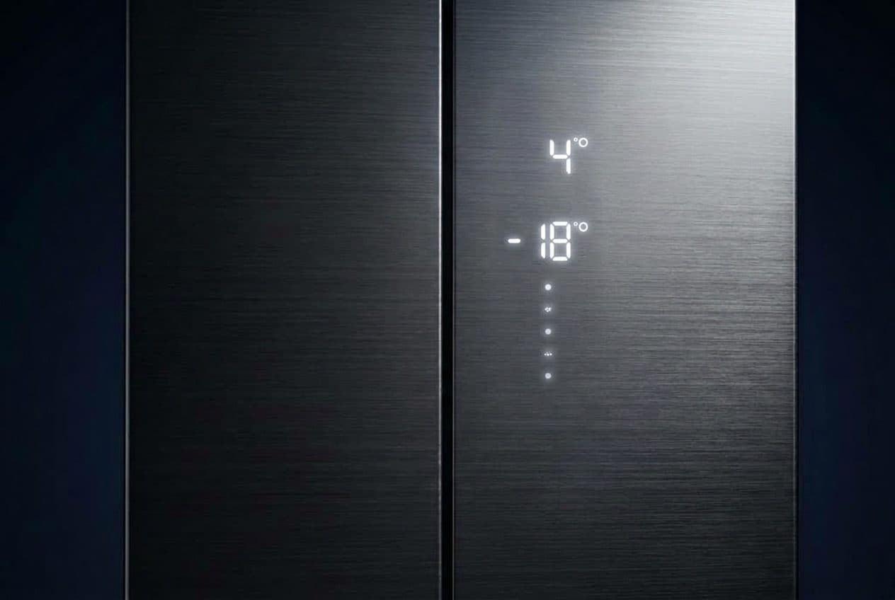 A close-up of the brushed dark-steel doors of a four-door refrigerator in a navy studio, with crisp white 7-segment readouts of 4° and -18° and a column of small round key lights on the right door beside the centre seam.