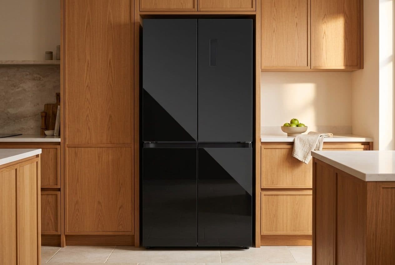 A black glass four-door refrigerator stands in a recess between light oak cabinets in a sunlit kitchen, with a bowl of green apples and a linen towel on the counter to its right.