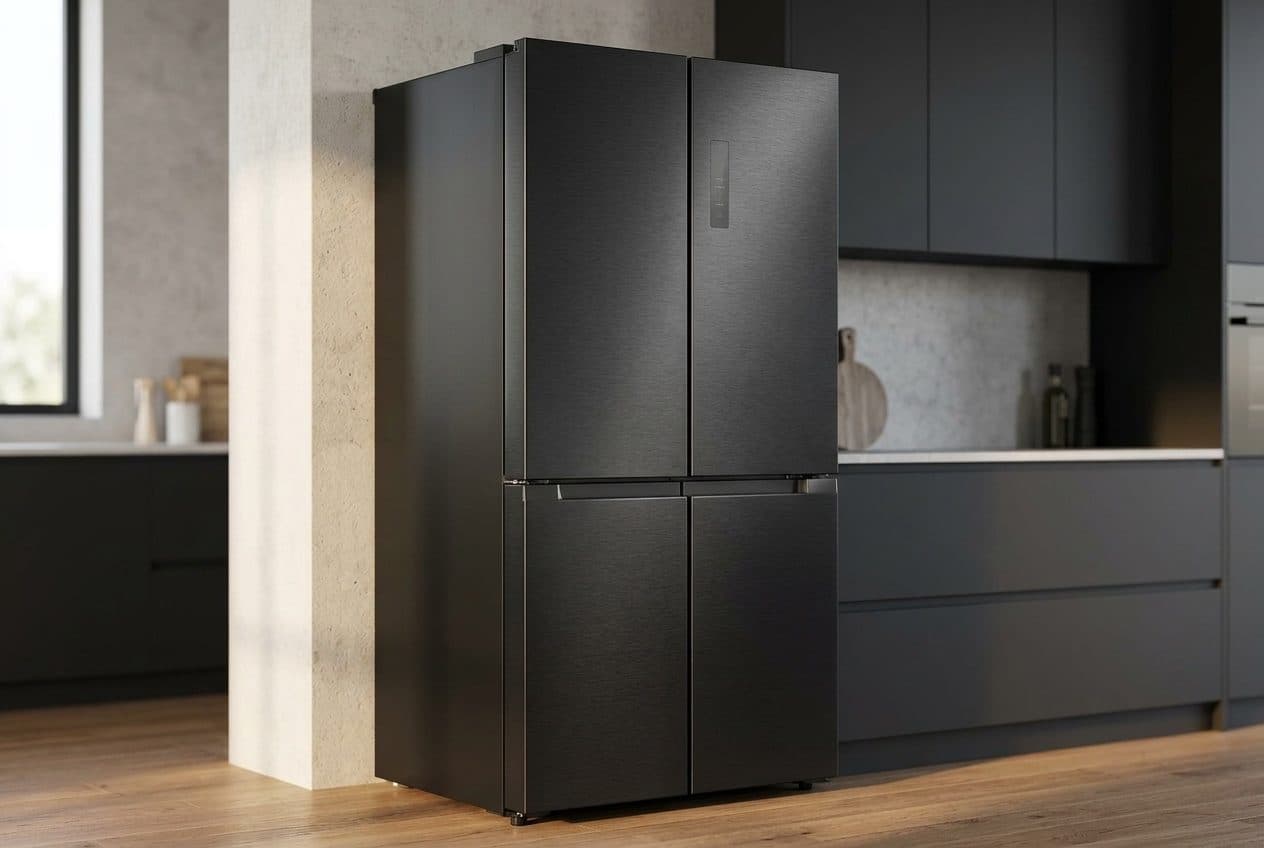 A black four-door slot-in refrigerator with a brushed satin dark-steel finish stands at a three-quarter angle in a warm kitchen with charcoal cabinetry, a wood floor and soft window light.