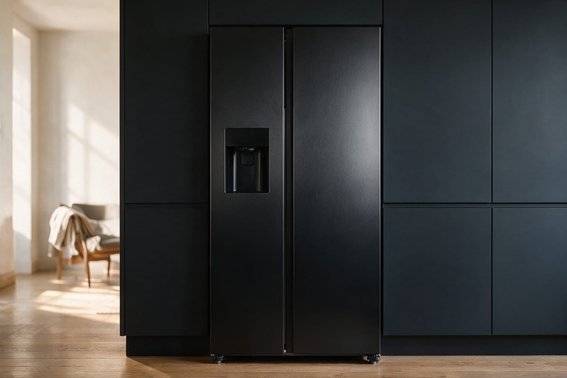 A black stainless side-by-side refrigerator with a built-in water/ice dispenser stands in a warm, sunlit kitchen nook against dark navy cabinetry, with a wood floor and an armchair visible in the background.