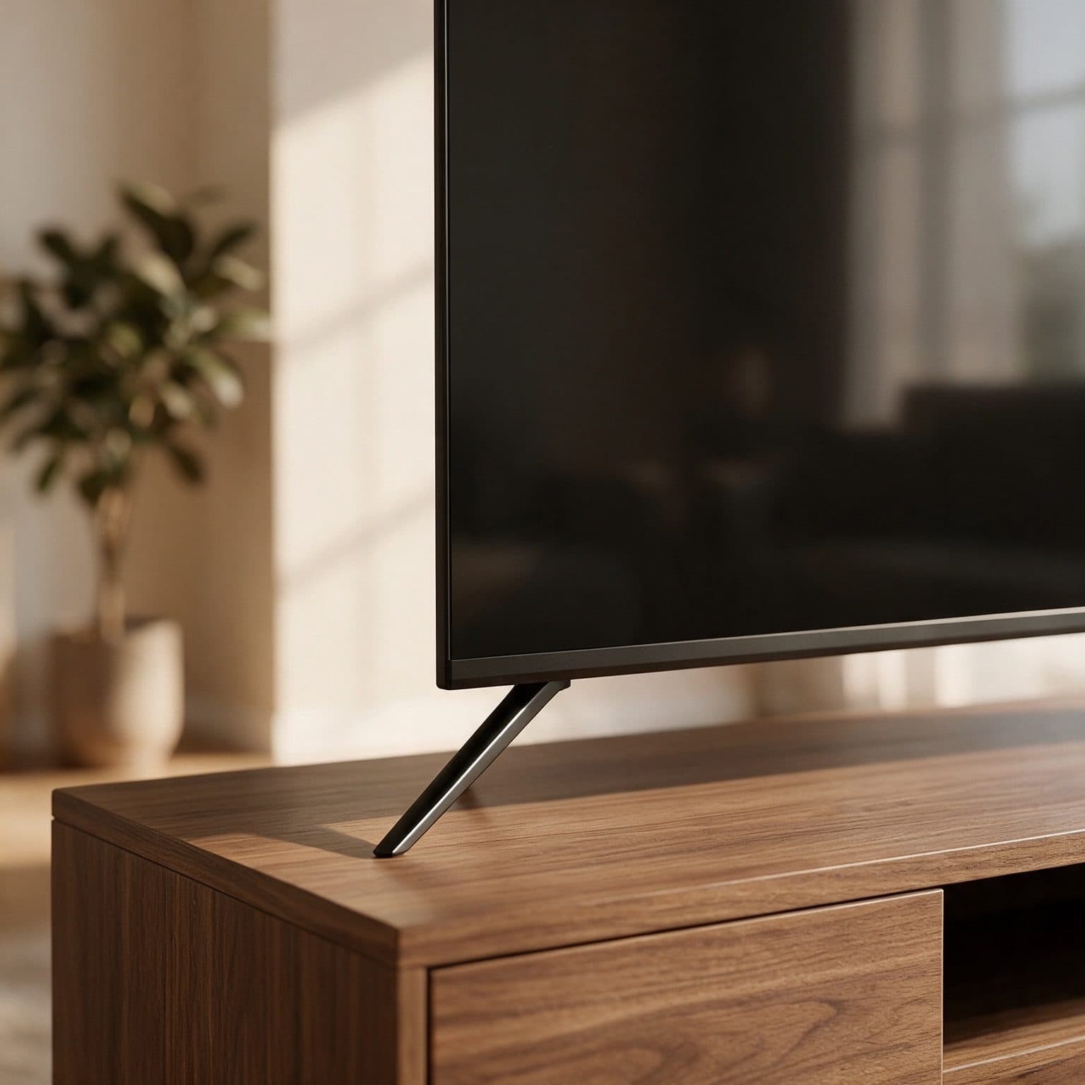 A large black flat-screen TV with a thin dark frame stands on a walnut media console in a warm, sunlit living room, and the shot is close on its bottom-left corner and one slim dark metal leg, with a blurred potted plant behind.