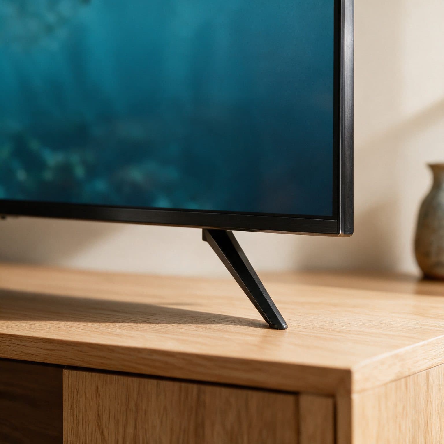 A close-up of the lower right corner of a large flat TV with a thin dark metal frame, standing on a single angled black blade foot on a warm oak sideboard, with soft daylight, a cream wall and a ceramic vase at the right edge.