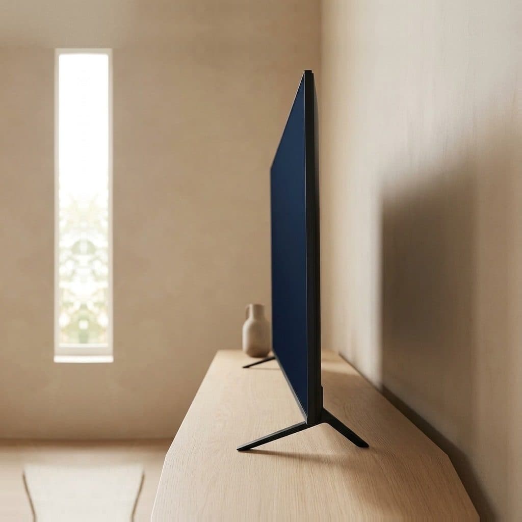 A black hairline-bezel flat-panel TV seen almost edge-on from the side on a pale oak console against a warm plaster wall, with a blank navy screen, a small stone jug beside it and a tall narrow window at left.