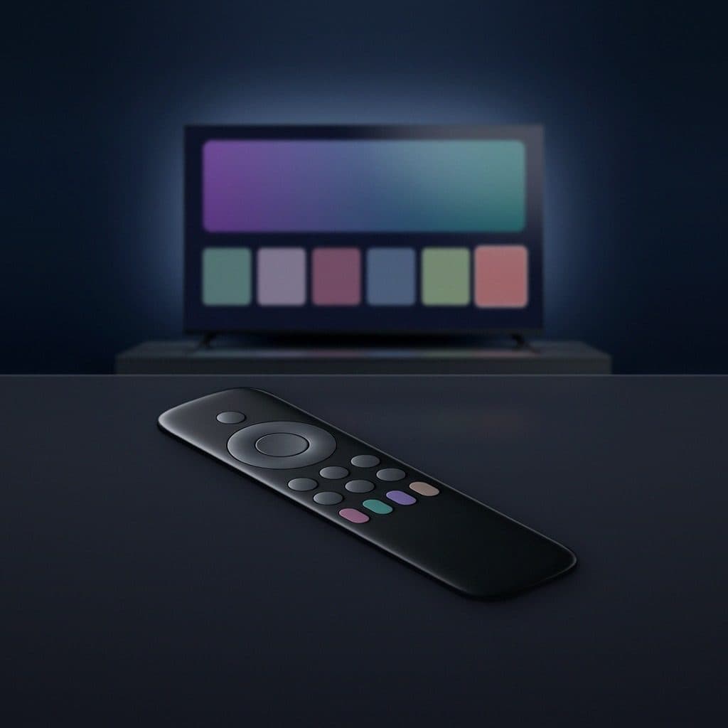 A slim matte-black remote with a row of four small muted-colour keys rests on a dark surface in the foreground, with a softly blurred television showing a screen of plain colour blocks glowing behind it.