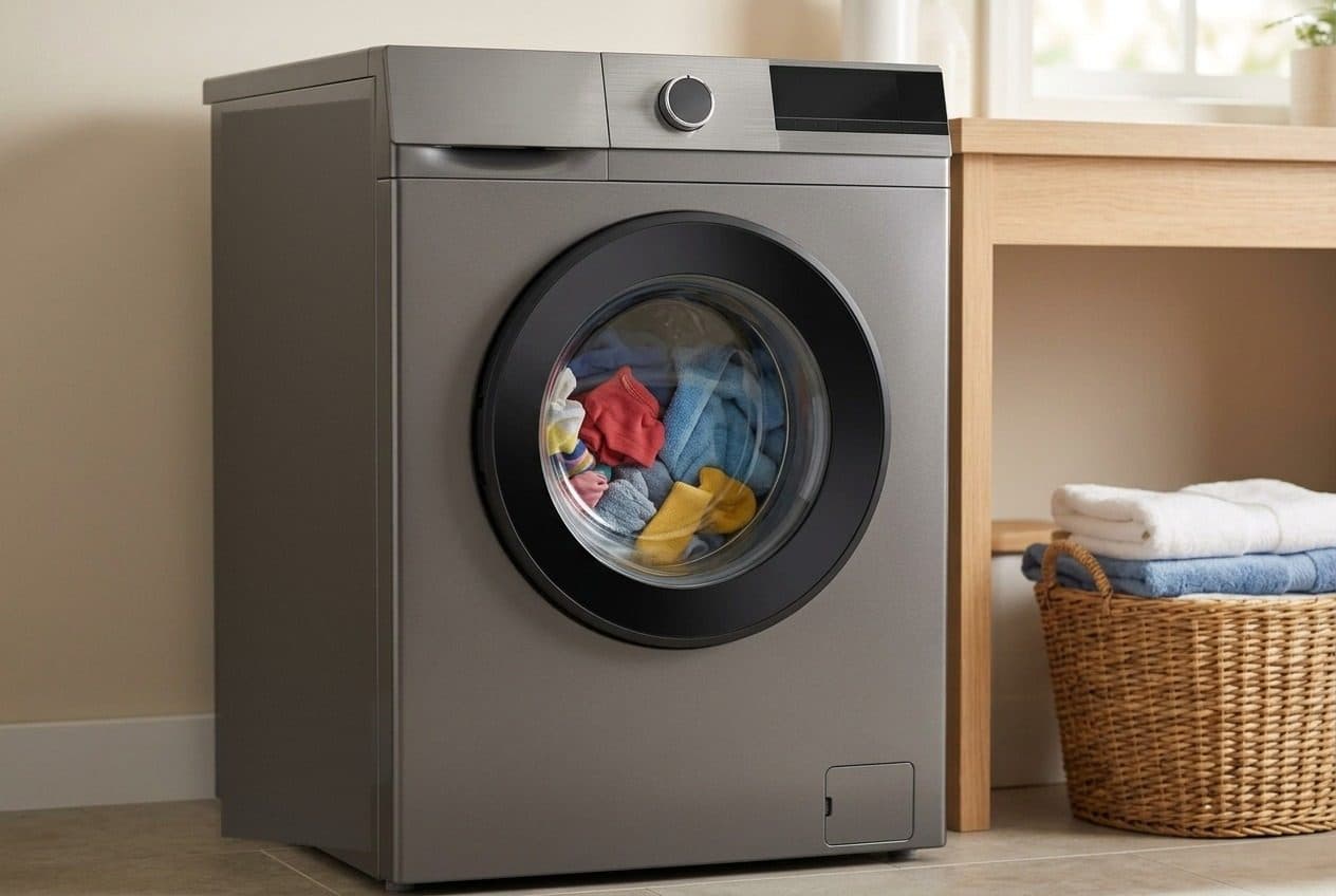 A grey front-loading washing machine with colourful laundry visible through its glass door stands in a warm laundry room beside a wooden shelf and a basket of folded towels.