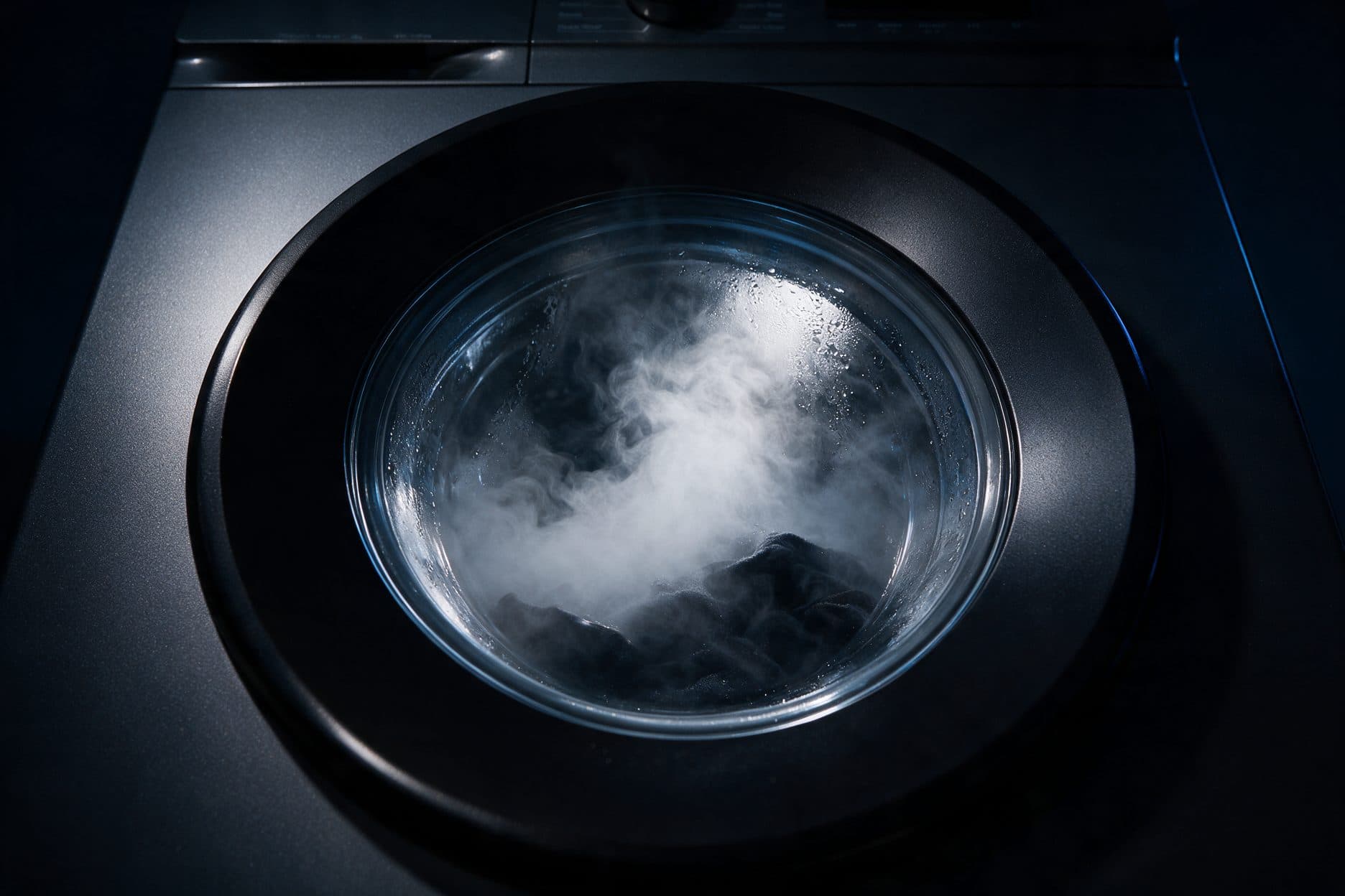 A close dark shot of a front-loading washing machines round glass door, steam swirling inside the drum above dark laundry, with a sliver of blue light along the right edge.