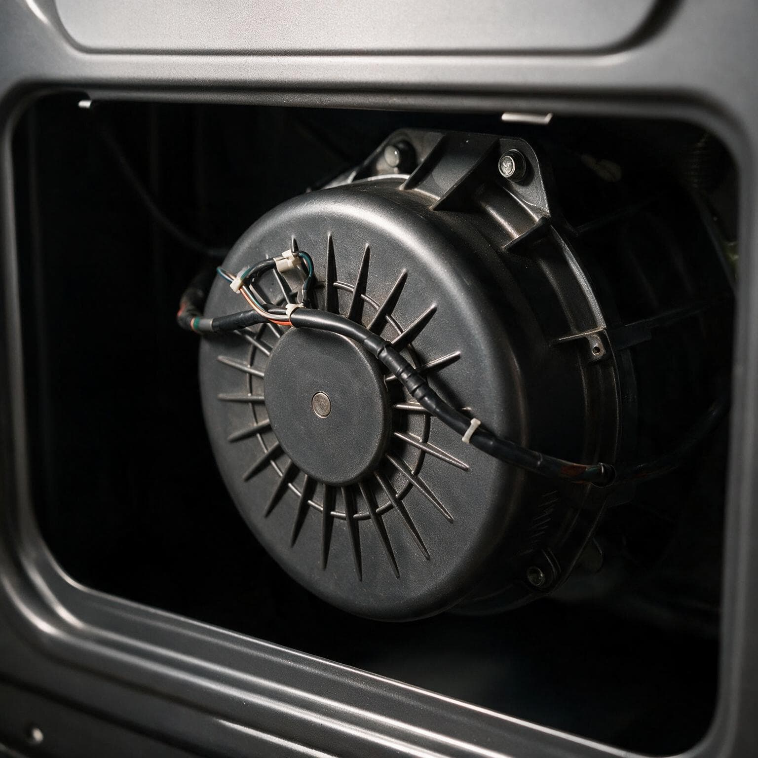 A cutaway BLDC inverter motor rotor sits against a near-black background with blue light-trail rings swirling around its shaft and copper-wound stator, a soft rim light catching the metallic housing.