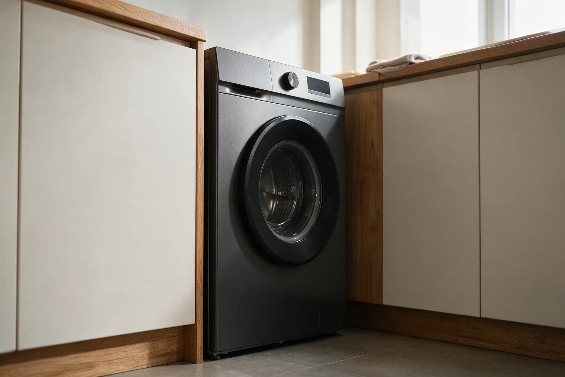 A dark graphite front-loading washing machine stands snugly in a narrow gap between two warm wood-trimmed kitchen cabinets, soft daylight falling through a window behind it.