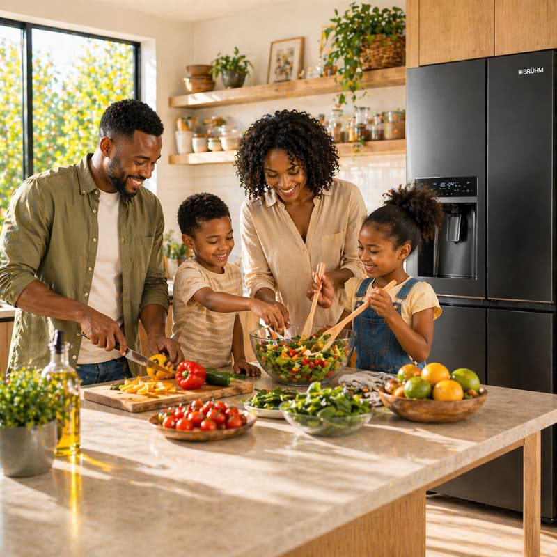 A family cooking together beside their BRÜHM refrigerator