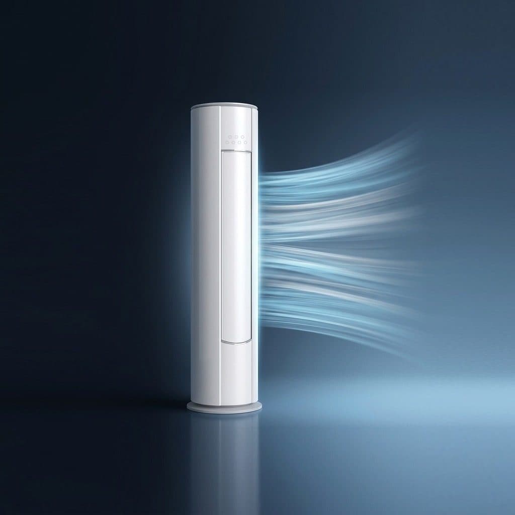 A tall white cylindrical floor-standing air conditioner with a full-height louvre door and a faint row of touch-key rings on its upper front stands on a reflective navy studio floor, while soft pale-blue air ribbons stream from its right edge across the room.