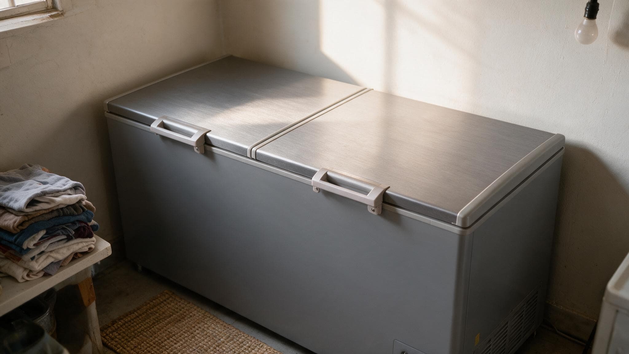 A matte grey hermetic compressor dome with two short copper stubs sits on a round mounting plate on a dark studio floor in front of a navy gradient wall, with thin blue light rings orbiting its body.