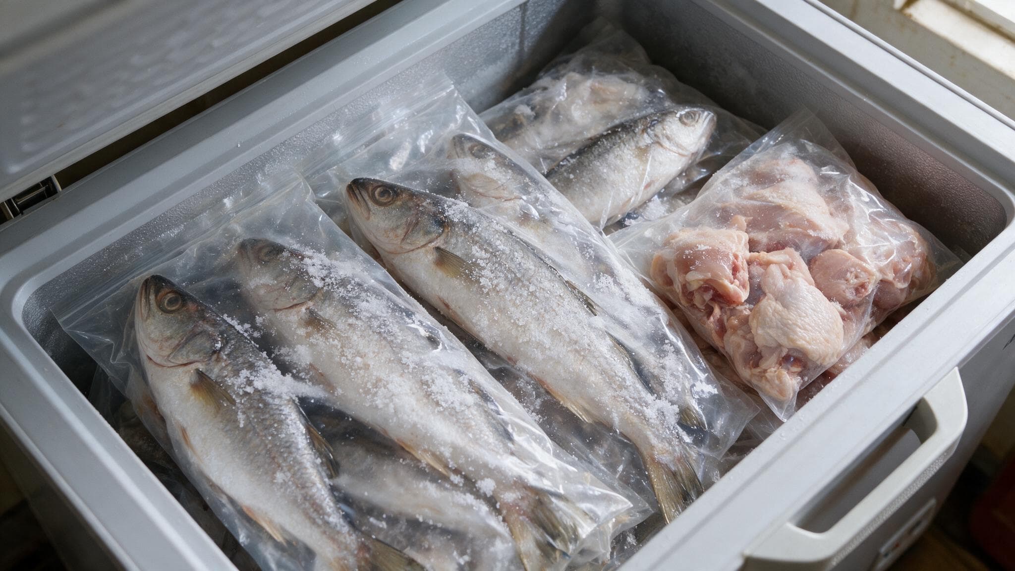 An open white chest freezer, seen from above against a dark navy studio, holds one white wire basket filled with frosted whole fish and vacuum-wrapped steaks.