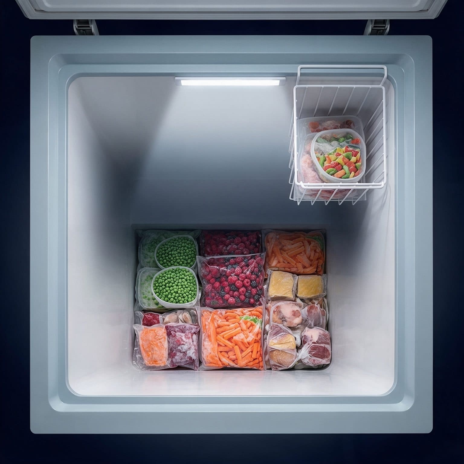 A top-down view into an open white chest freezer lit by an LED strip on the back wall, with clear unlabelled bags and tubs of peas, berries, carrots and meat on the floor and a white wire basket hanging from the right rim.