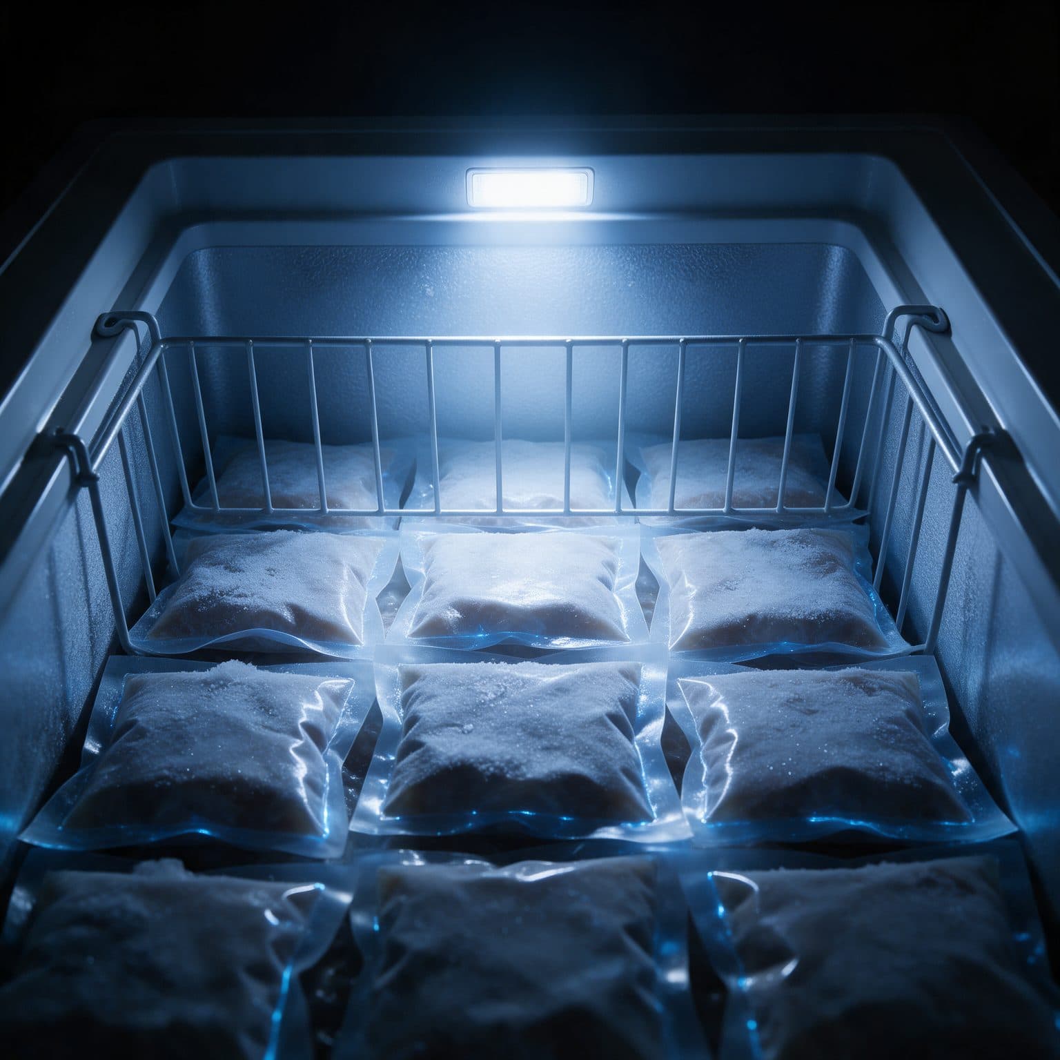 A dark chest-freezer interior with a lid-edge LED lighting rows of frosted vacuum-sealed food packs stacked down into the tub, with a wire basket sitting flush across the top rim.