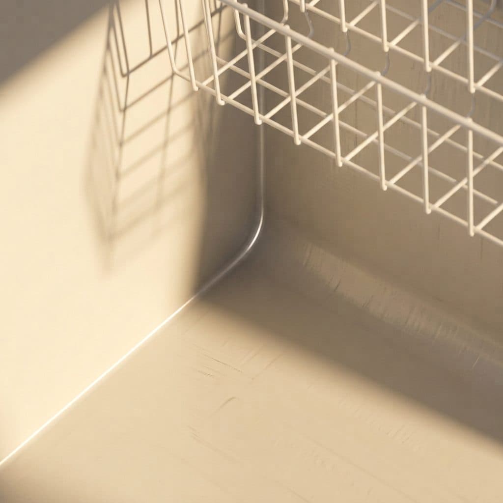 The white interior liner of a chest freezer with a wire basket hanging from the rim, in soft warm light.