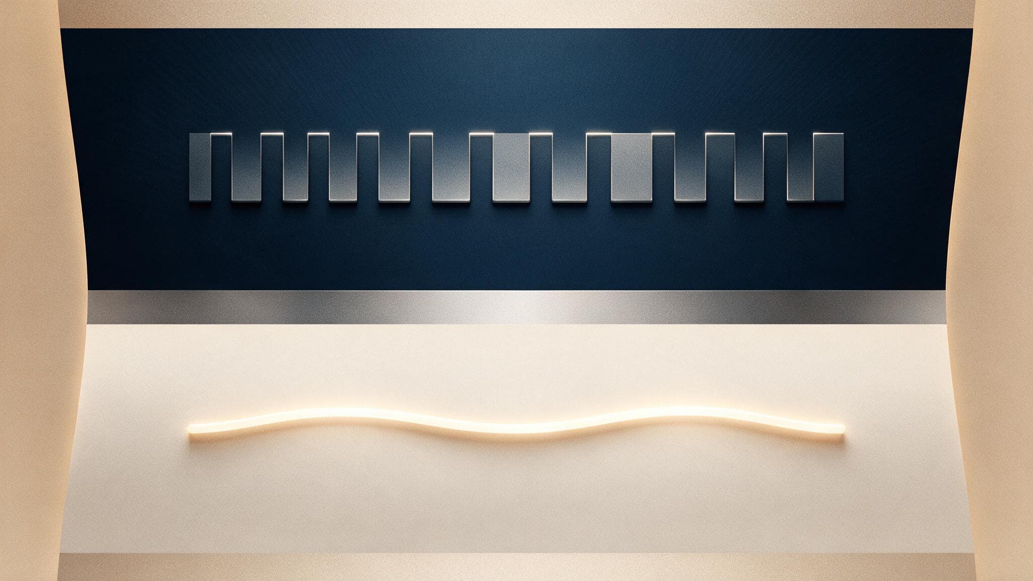 A dark navy chart: a jagged stop-start wave overshooting a dashed target line above a smooth glowing blue curve that follows the same line.
