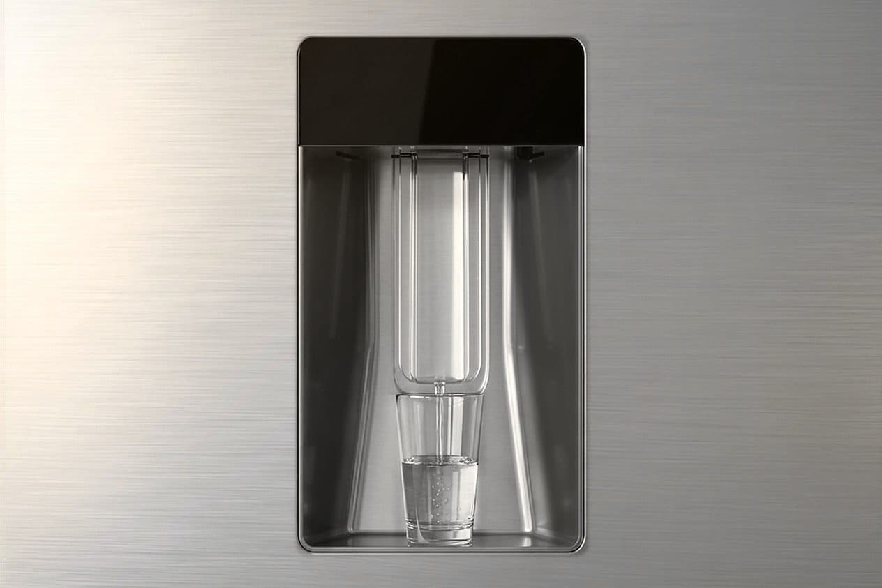 A close-up of a closed brushed-silver steel refrigerator door with a tall recessed water dispenser under a plain black glass header, where a clear glass held against the clear paddle fills with a thin stream of water while warm window light falls across the left side of the door.