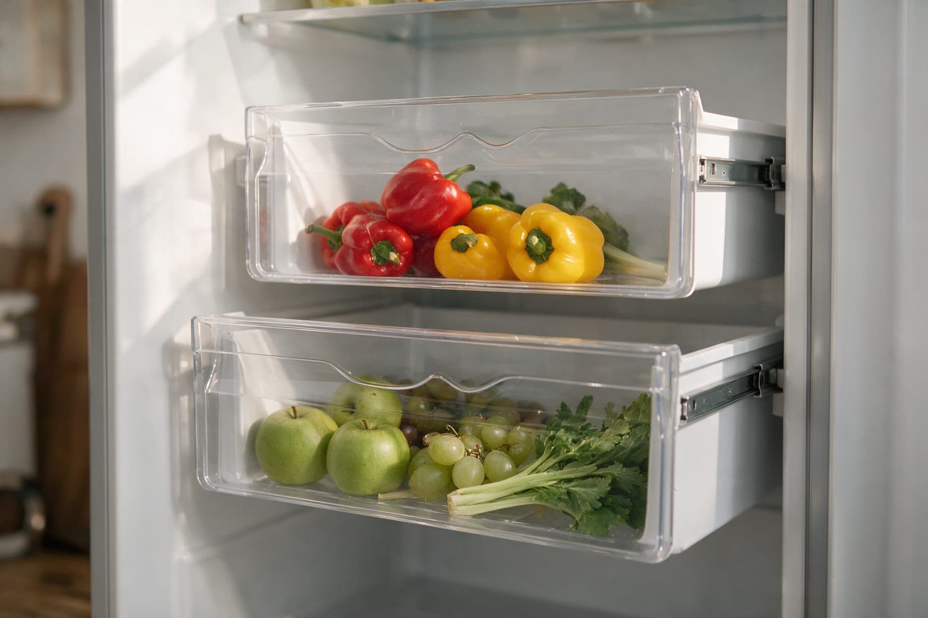 Two clear plastic crisper drawers, each pulled open on its own slide rail, sit stacked in a refrigerator lower interior — the top one holds red and yellow bell peppers, the bottom one holds green apples, grapes, and leafy greens, with a warm sunlit kitchen softly blurred behind.