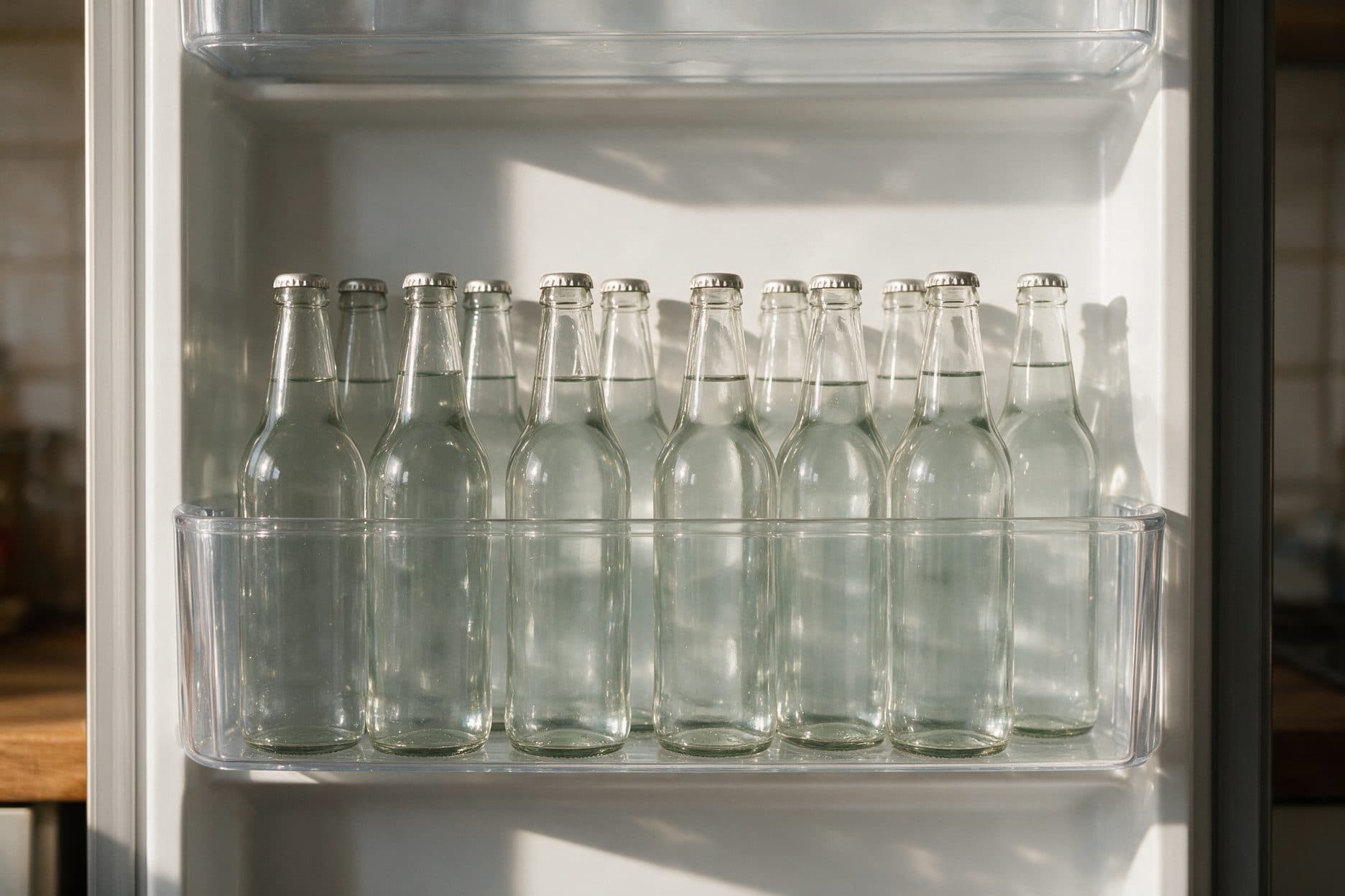 A clear plastic refrigerator door shelf holds a row of fourteen empty glass bottles with silver caps, lit by soft warm daylight coming from the upper right, with a blurred wood-countertop kitchen visible through the open door frame.