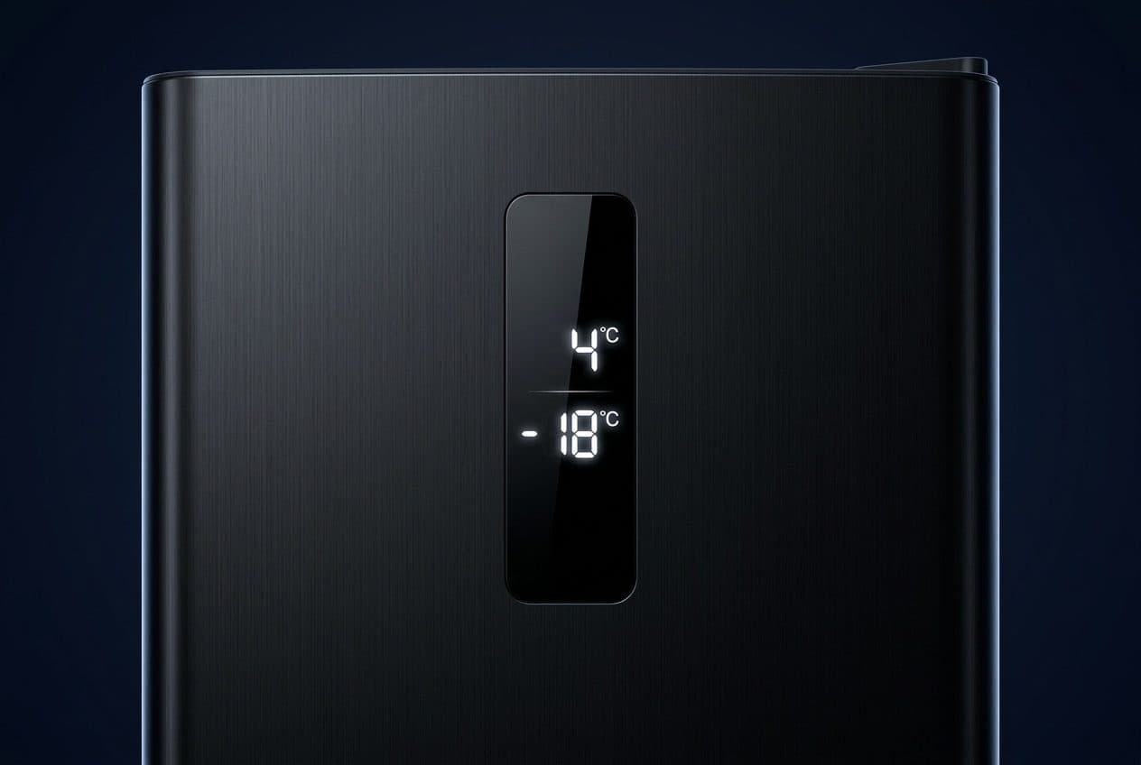 A close-up of the top of a black brushed-finish refrigerator door on a dark navy studio background, with a slim vertical display in the upper third lit with white 7-segment readings of 4°C above -18°C.