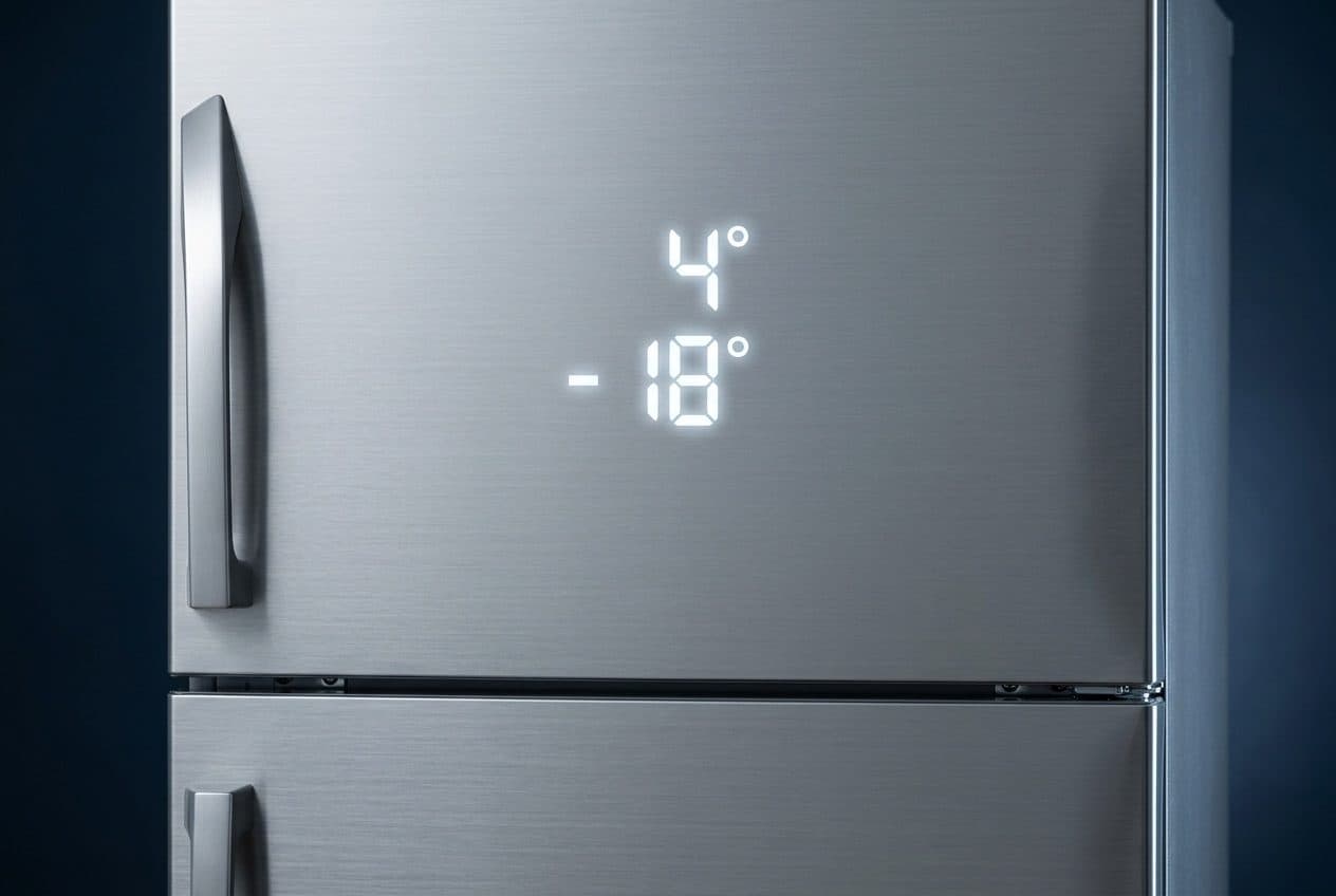 A close-up of the brushed-silver top-mount refrigerator door shows glowing 7-segment 4° over -18° readings through the plain upper door, with a sculpted left-edge handle, the door seam and the top of the lower door against a dark navy ground.
