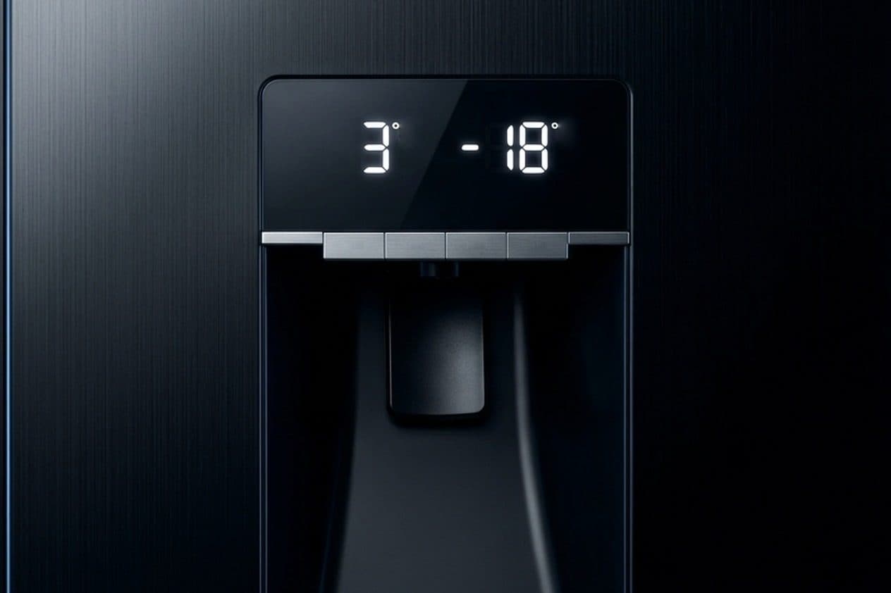A straight-on close-up of a black brushed-metal side-by-side fridge door shows the water dispenser recess with a dark display reading 3 and -18 degrees in lit white 7-segment digits above four plain brushed-steel keys.