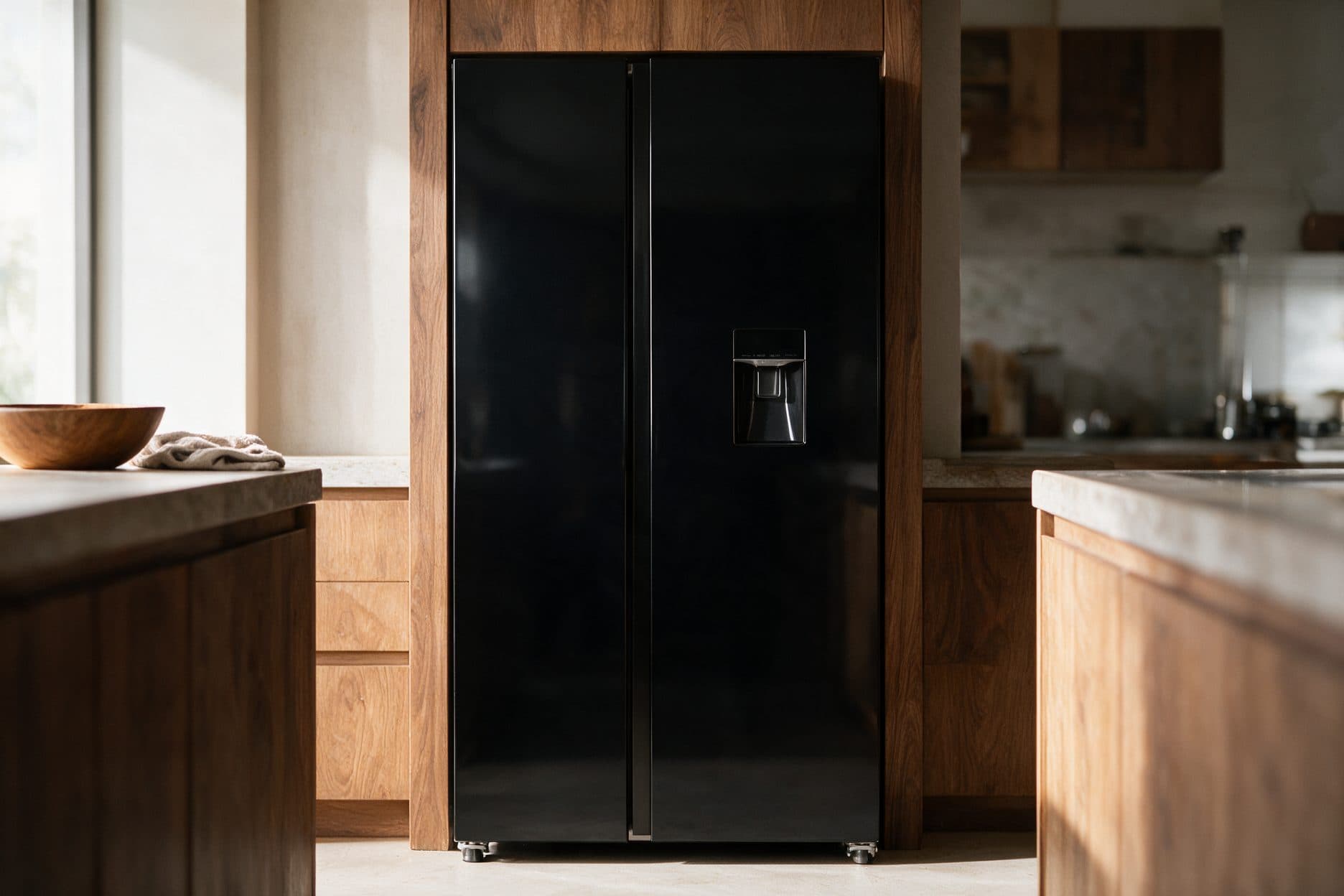 A black glass side-by-side refrigerator stands flush in a sunlit warm wood kitchen.