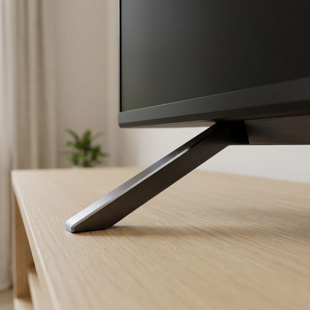 A close macro of the lower-left corner of a flat-screen television resting on a light oak console, with one slim dark blade leg angling down to the wood and a bright specular highlight running along its chamfered edge.