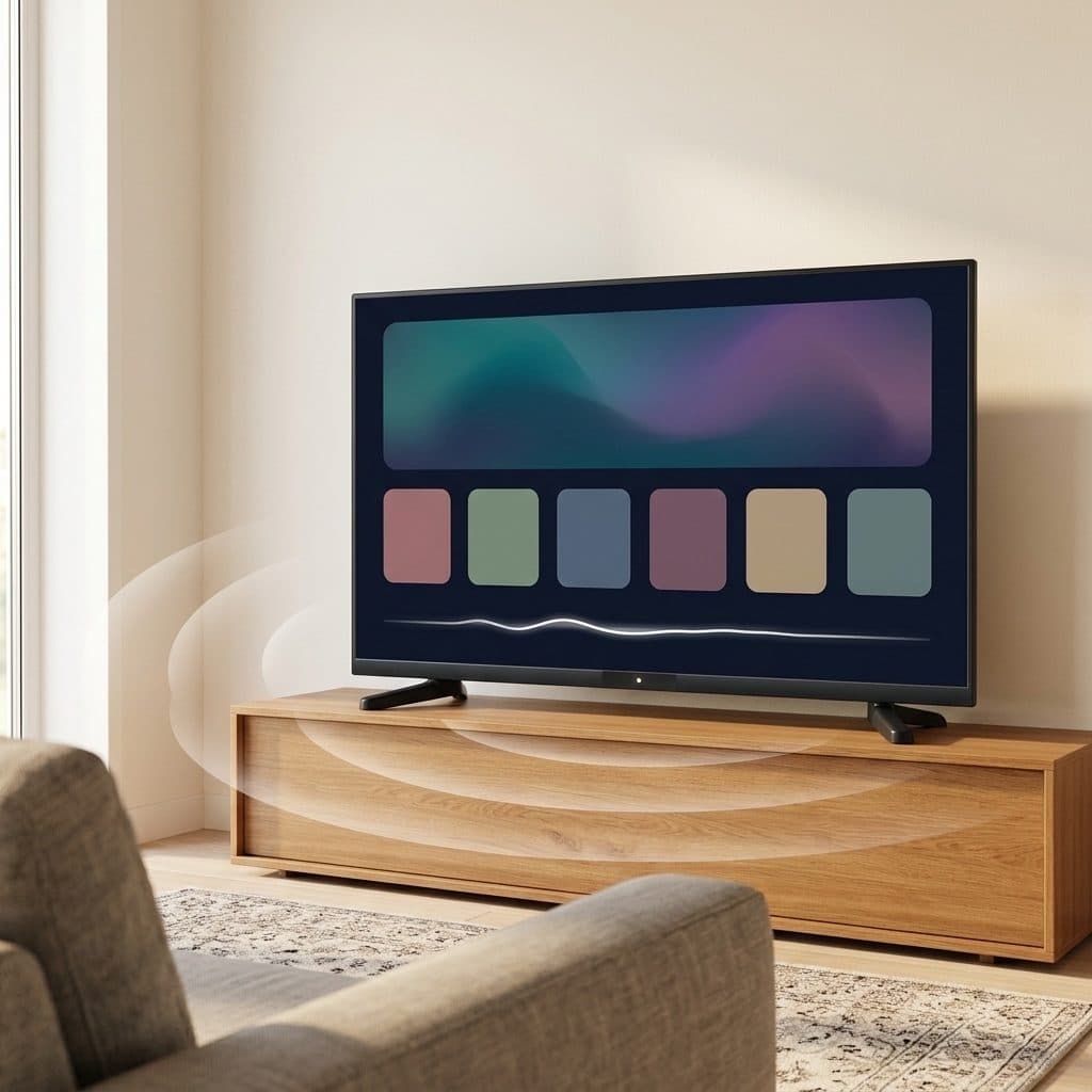A black TV on a low oak media unit in a warm daylit living room shows a dimmed home screen of plain muted tiles with a thin white waveform line, while faint sound-wave rings sweep in from the lower left and a tiny warm-white dot glows on its bottom strip.