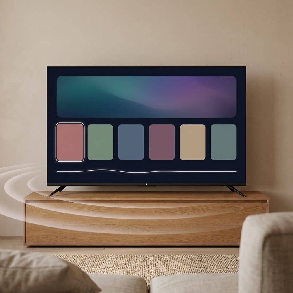 A wide frameless TV with thin black feet stands on a low oak media unit against a warm beige wall, showing a navy home screen with a teal-to-violet gradient hero tile, a row of six muted blank tiles and a thin white waveform line, while translucent sound-wave rings sweep in from the lower left; a sofa arm and cushion sit in the foreground.
