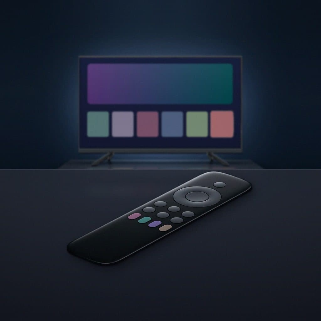 A slim matte-black remote with four small muted pink, teal, violet and taupe keys in a row rests on a dark charcoal surface in front of a softly blurred TV showing coloured tiles in a dim navy room.