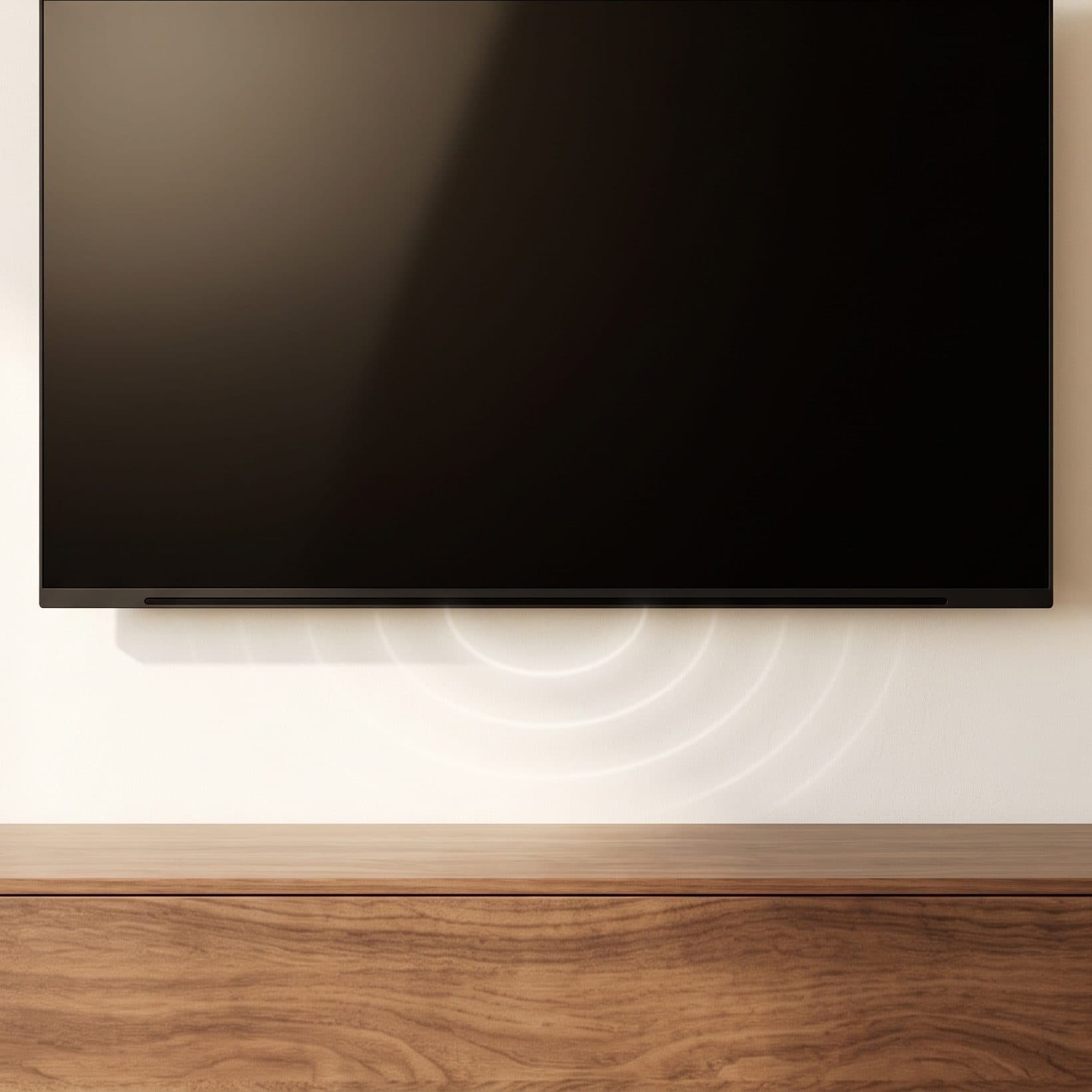 A slim black flat-screen TV hangs on a warm cream wall above an empty walnut sideboard, with soft white concentric arcs spreading downward from the thin speaker slot along its lower edge.