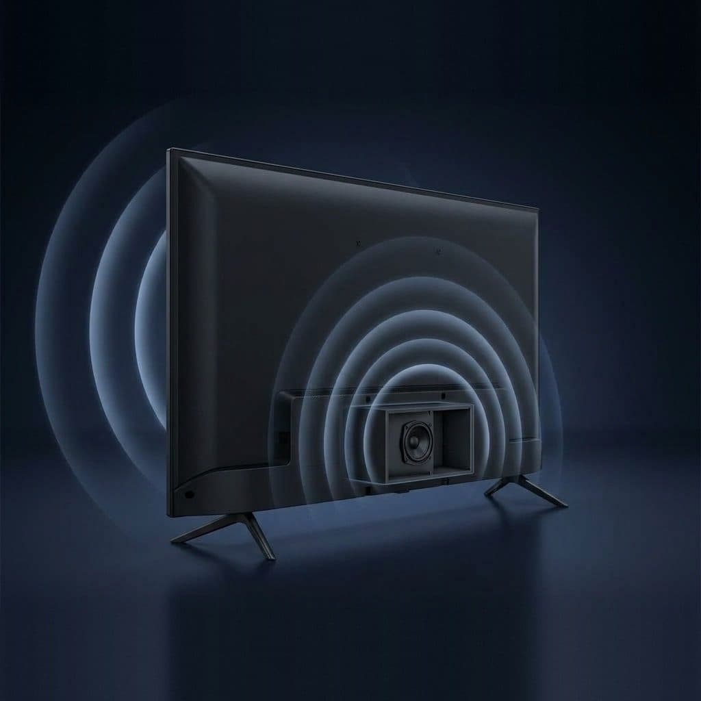 A black flat-panel TV seen from the rear three-quarter on two angled blade feet in a lit navy studio with a reflective floor, a lower rear section cut away to show a boxed speaker with a round driver, and soft translucent sound arcs radiating from it around the set.