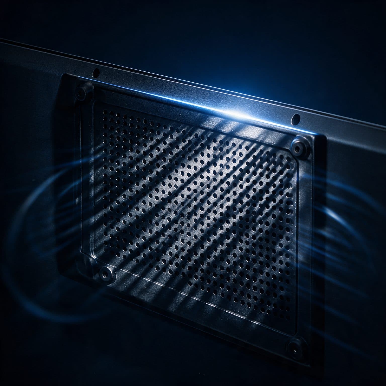 A perforated dark metal speaker grille is mounted diagonally on the TVs rear panel, lit by a single angled blue light with faint circular sound-wave light trails arcing across the black background.