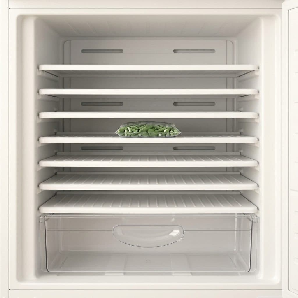 The open interior of an upright freezer shows seven flat white shelves above a clear sliding drawer, with a plain bag of green beans resting on a middle shelf.