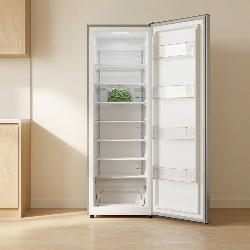 A tall white upright freezer stands in a warm, sunlit kitchen with its door swung open to the right, showing eight white shelves, a bag of frozen green beans on the third shelf, and one clear drawer at the bottom.