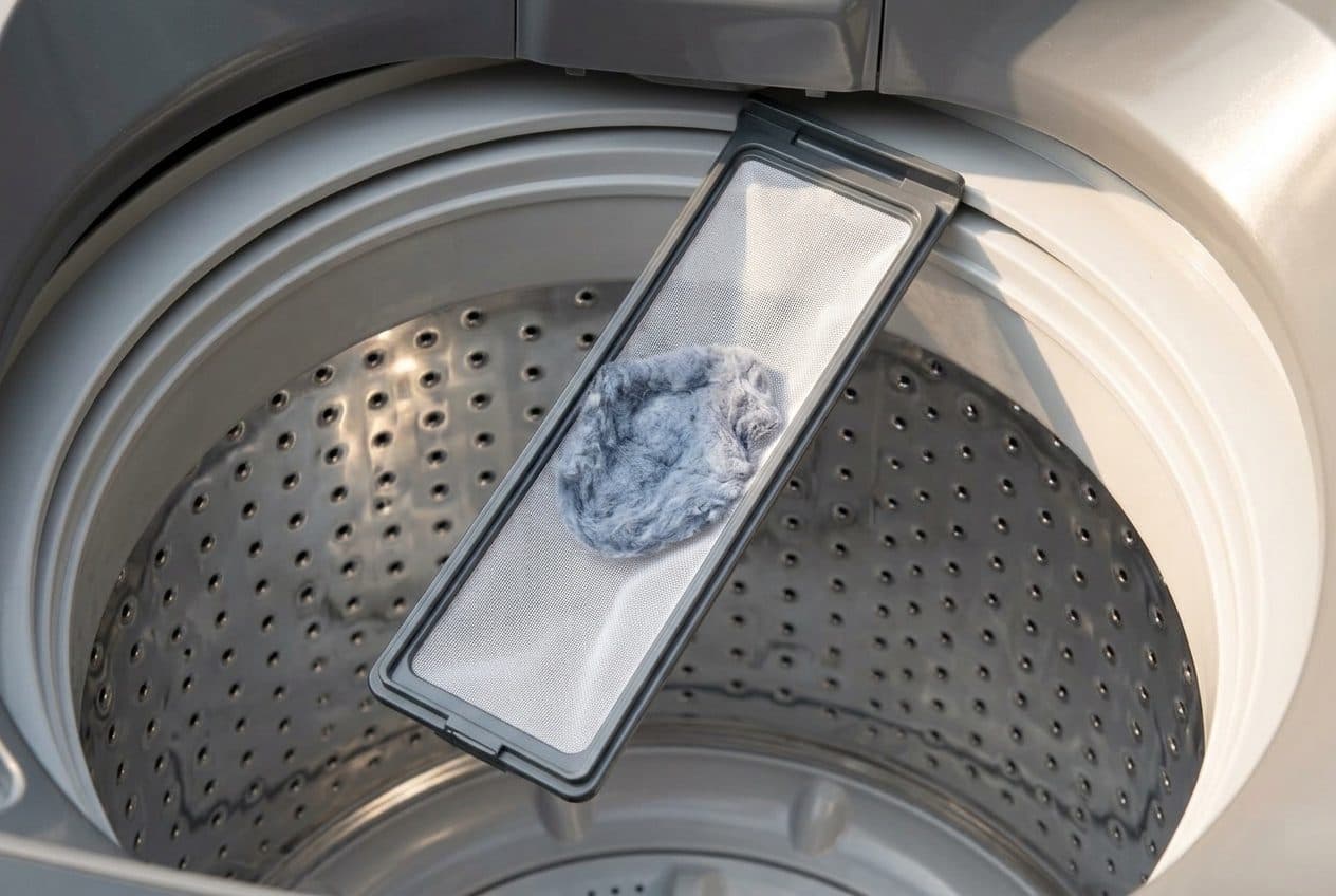 A rectangular mesh lint filter with a dark plastic frame leans from the rim of a clean perforated stainless washer drum, a grey clump of lint caught in the mesh, in warm daylight.
