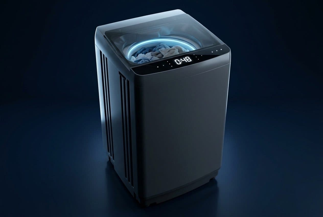 A charcoal top-loading washing machine in a navy studio, its glass lid showing laundry inside a glowing blue sensing ring while the control-deck display shows lit white digits 0:48.