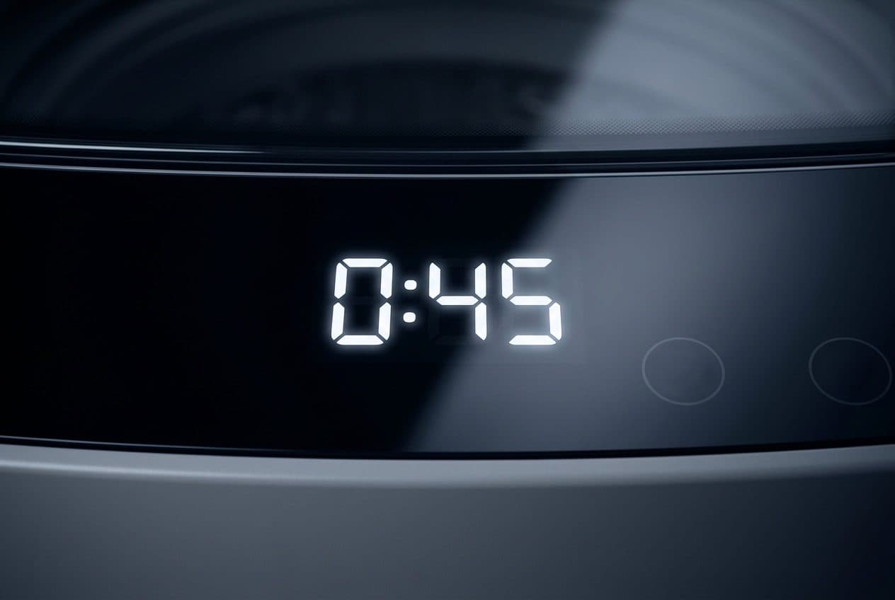 A tight straight-on macro of the black glass control strip on a grey deck under a smoked lid, with glowing white 7-segment digits reading 0:45 and two unlit round touch keys at the right.