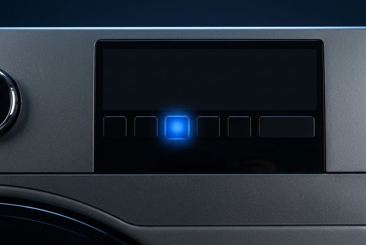 A close macro of a dark-grey washing machine's black glass control panel, with a row of six keys under a blank display, the third key glowing blue with a soft halo at the centre of the frame, a chrome-ringed dial edge at the far left, against a deep navy background.