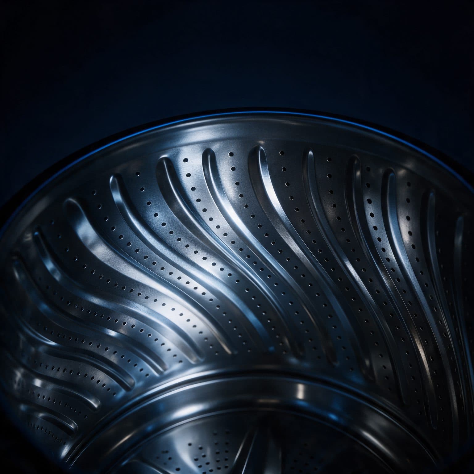 A close macro looks into a top-loading washing machine drum, showing the stainless steel interior with raised ribbed lifters and perforation holes, lit dramatically against a near-black ground with a cool blue rim-light.
